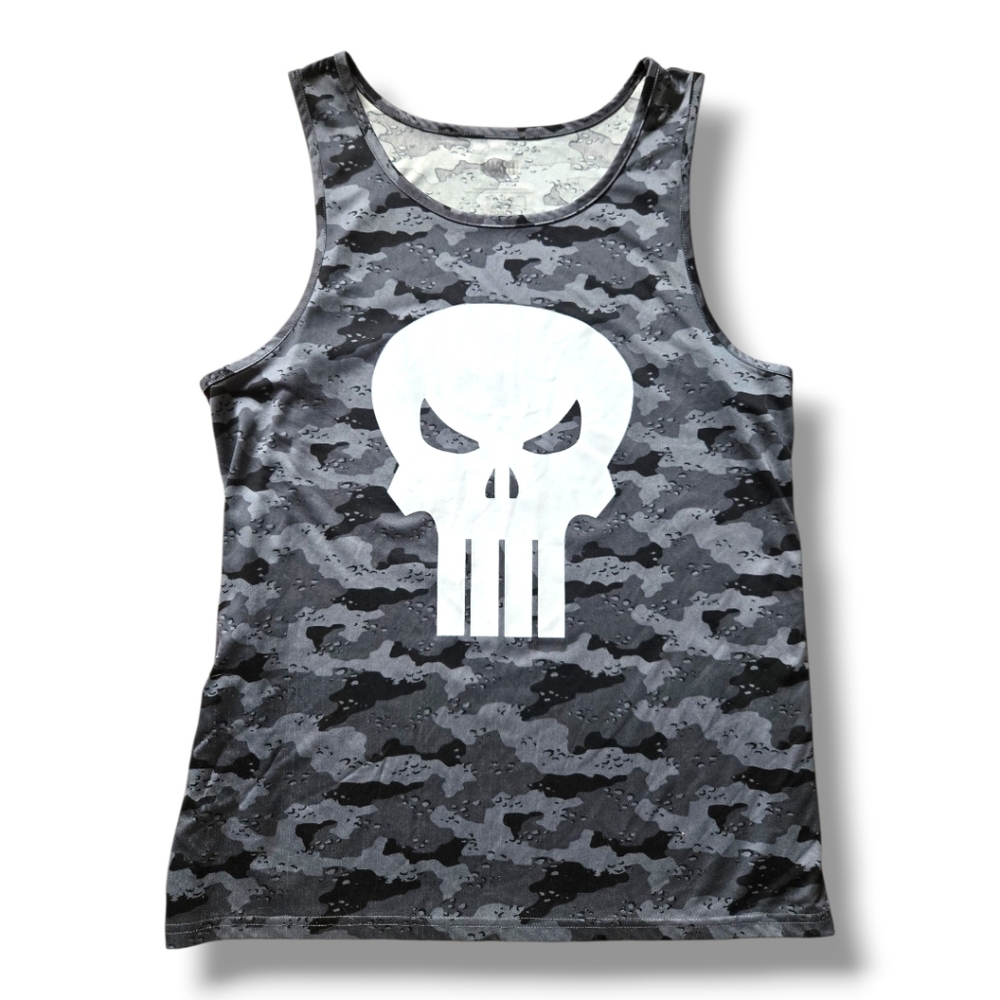 Marvel The Punisher Skull Tank Top | Grey Camo Graphic Shirt | Basketball Jersey